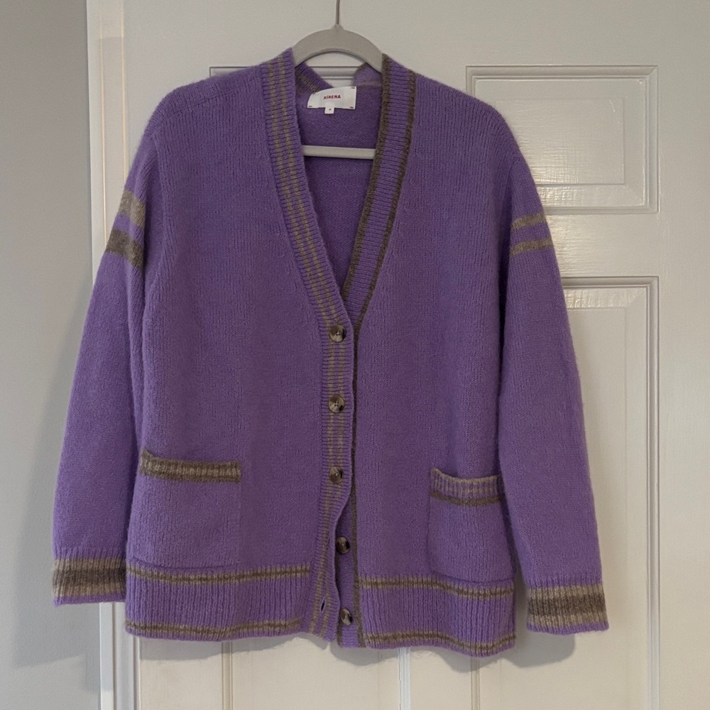 Xirena lavender, alpaca blend varsity cardigan. Medium